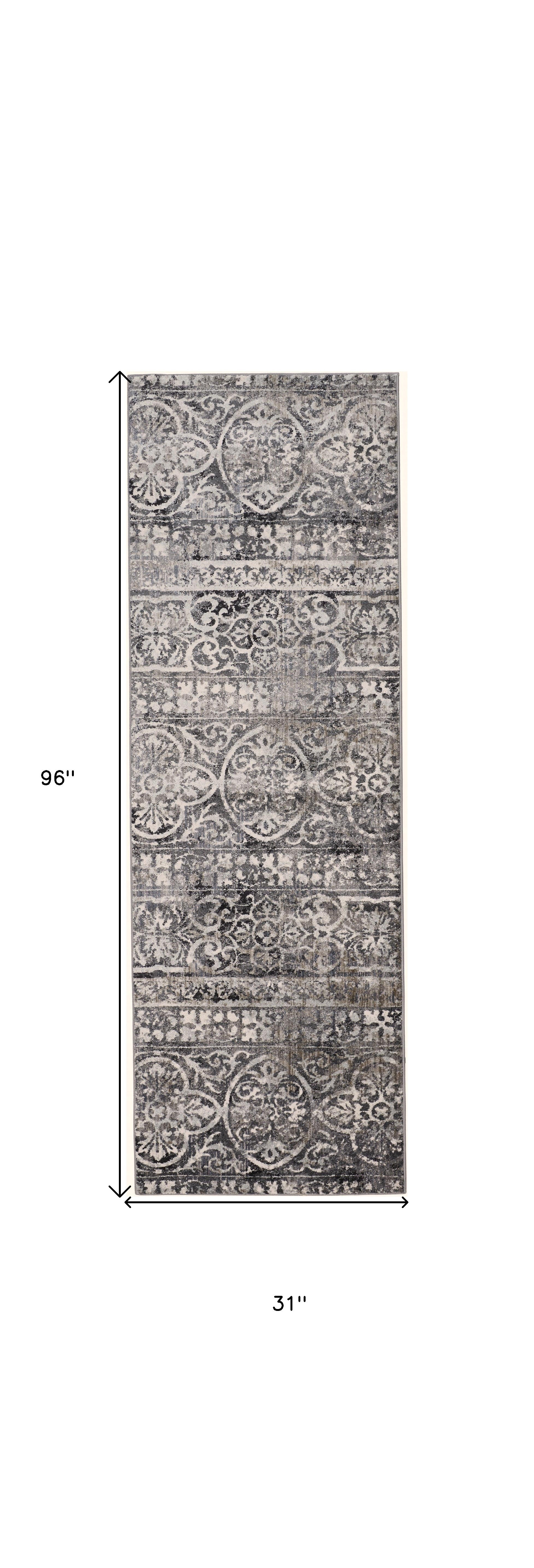 8" Gray and Ivory Abstract Runner Rug