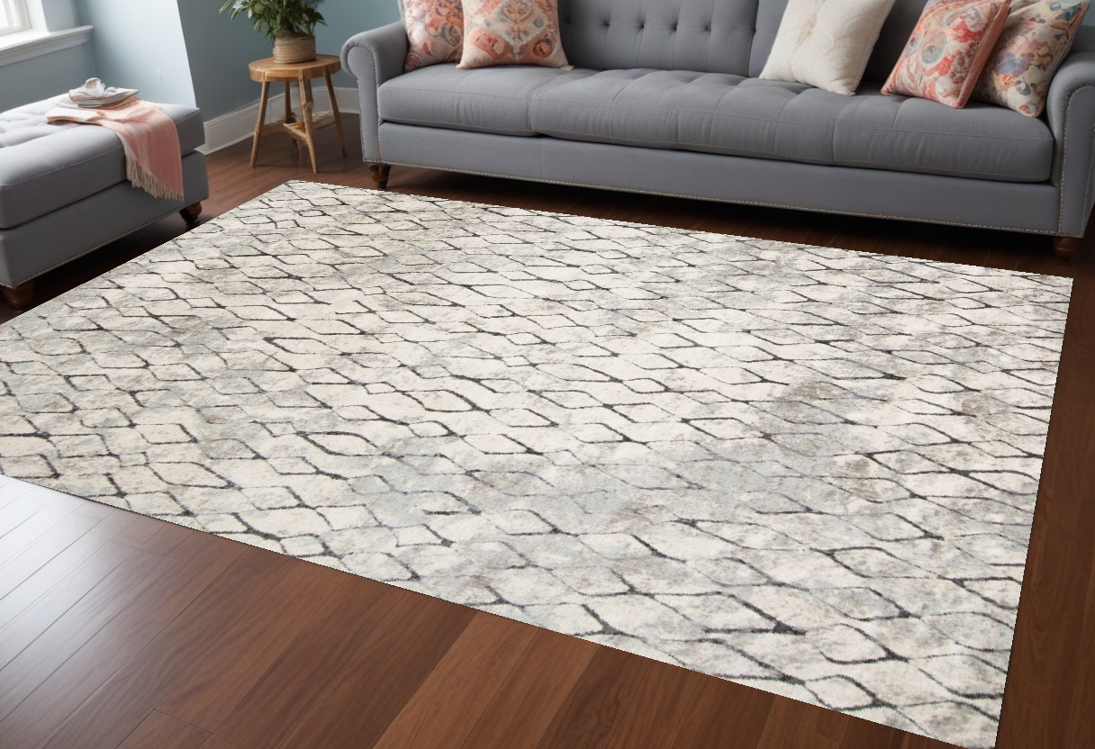 10" X 14" Ivory Gray And Taupe Abstract Stain Resistant Area Rug