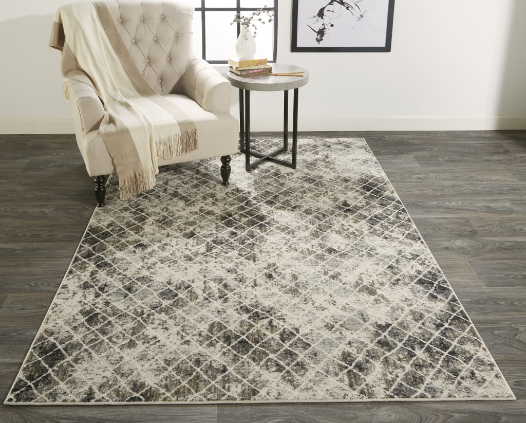 5" X 8" Ivory Gray And Taupe Abstract Stain Resistant Area Rug