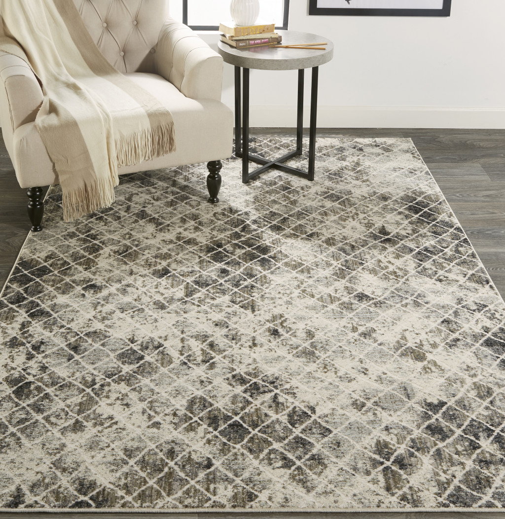 10" X 14" Ivory Gray And Taupe Abstract Stain Resistant Area Rug