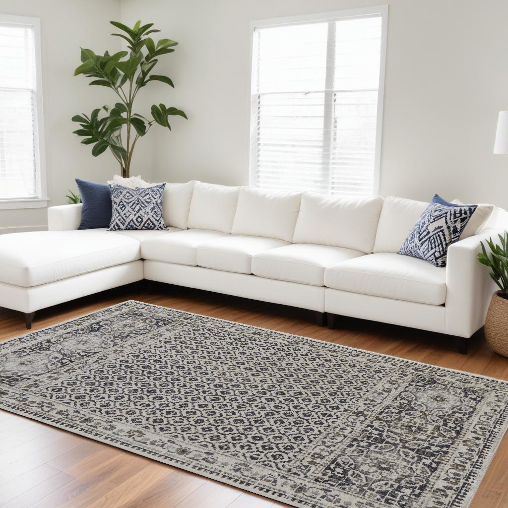 10" X 14" Ivory Taupe And Gray Abstract Stain Resistant Area Rug