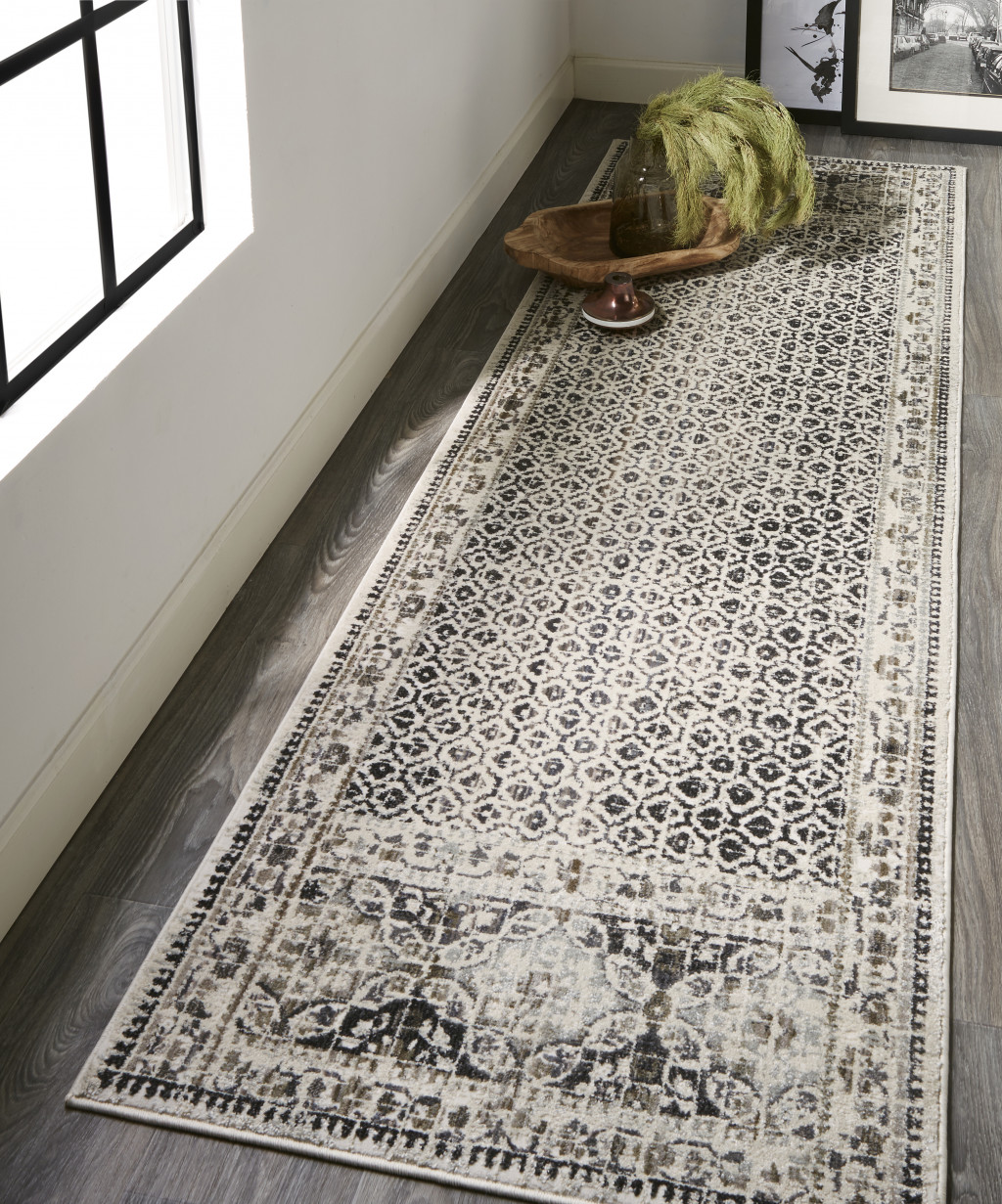 8" Gray and Ivory Abstract Geometric Power Loom Distressed Runner Rug