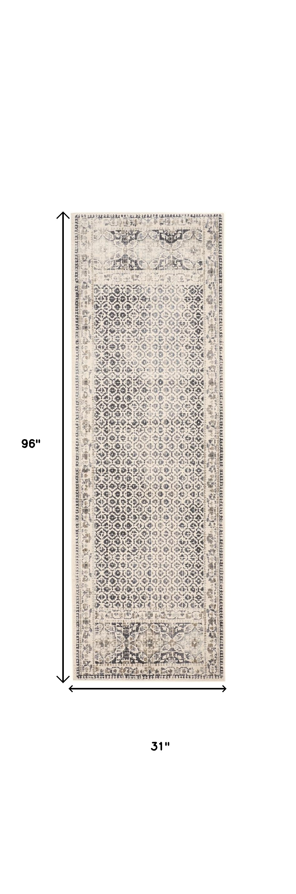 8" Gray and Ivory Abstract Geometric Power Loom Distressed Runner Rug