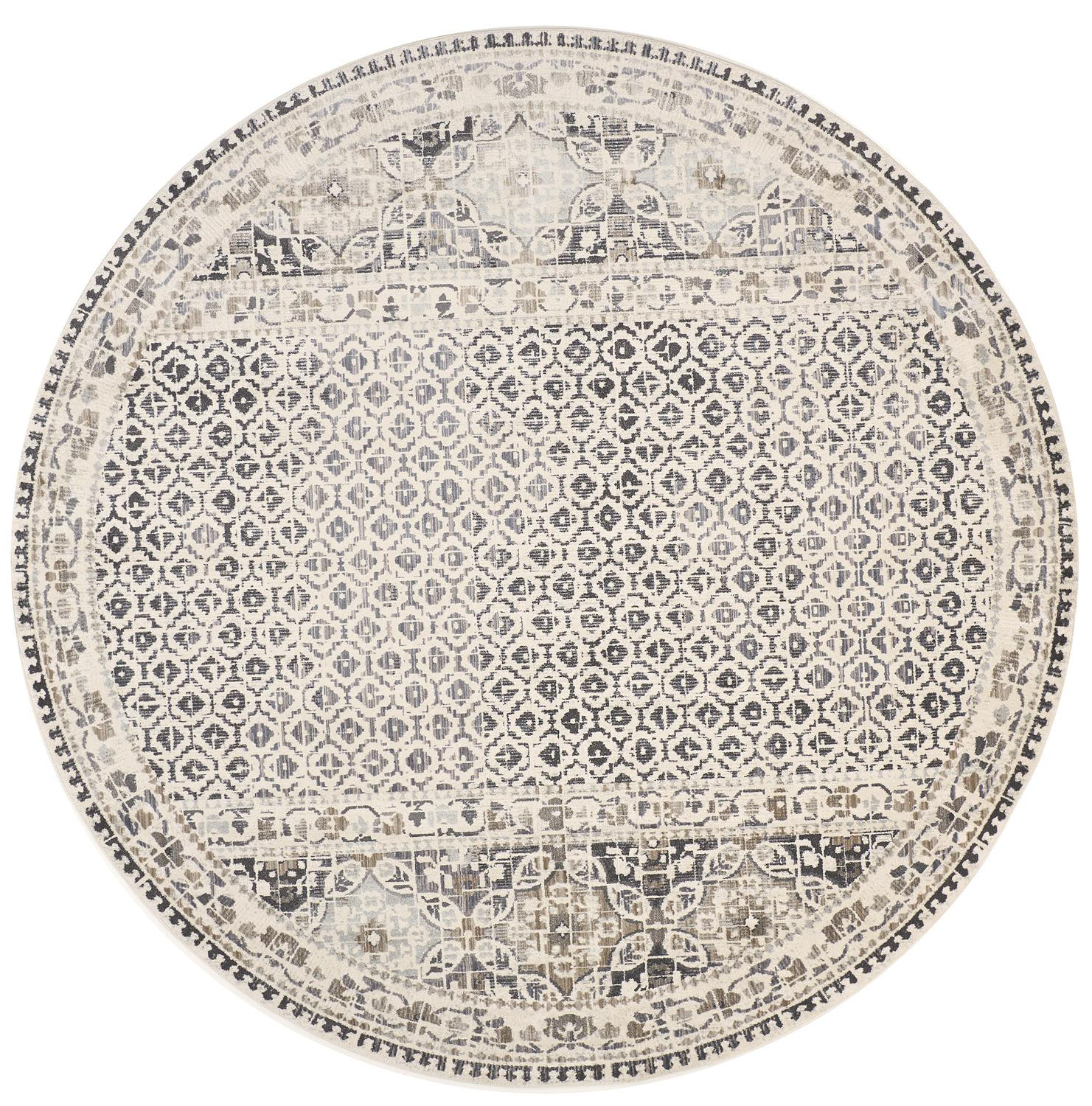 9" Ivory and Black Round Abstract Area Rug