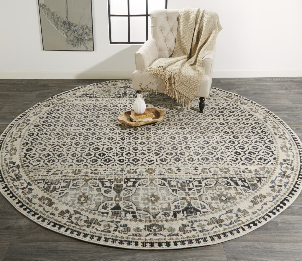 9" Ivory and Black Round Abstract Area Rug