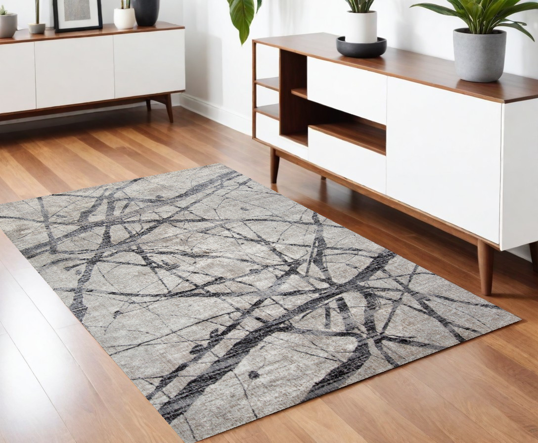 4" X 6" Taupe Gray And Ivory Abstract Stain Resistant Area Rug