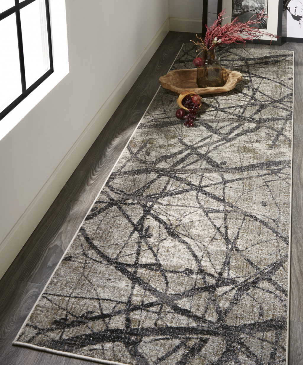 8" Gray and Ivory Abstract Power Loom Distressed Runner Rug