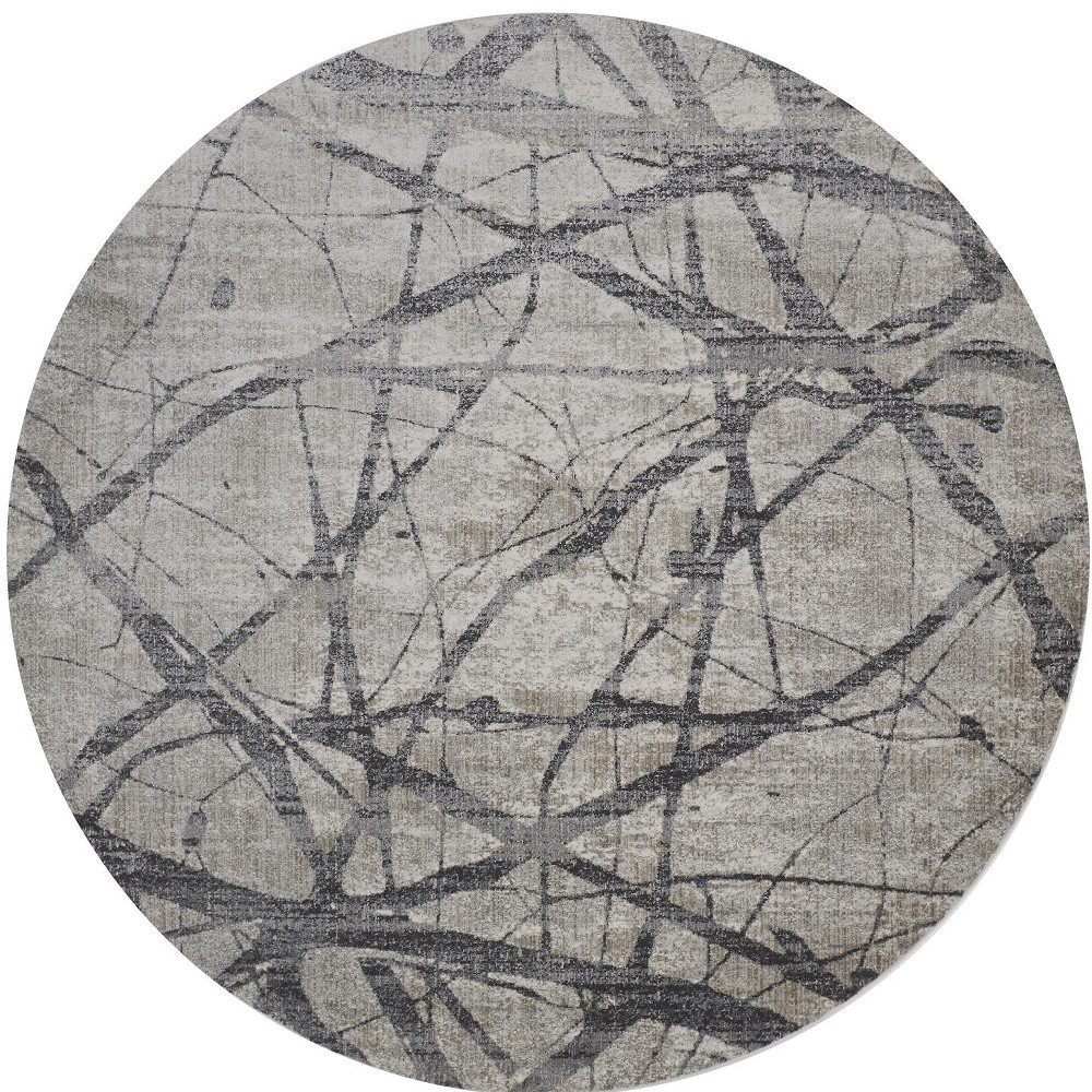 "9" Taupe Gray And Ivory Round Abstract Stain Resistant Area Rug