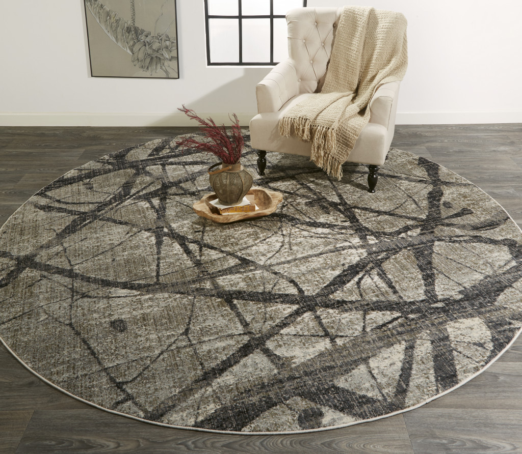 "9" Taupe Gray And Ivory Round Abstract Stain Resistant Area Rug