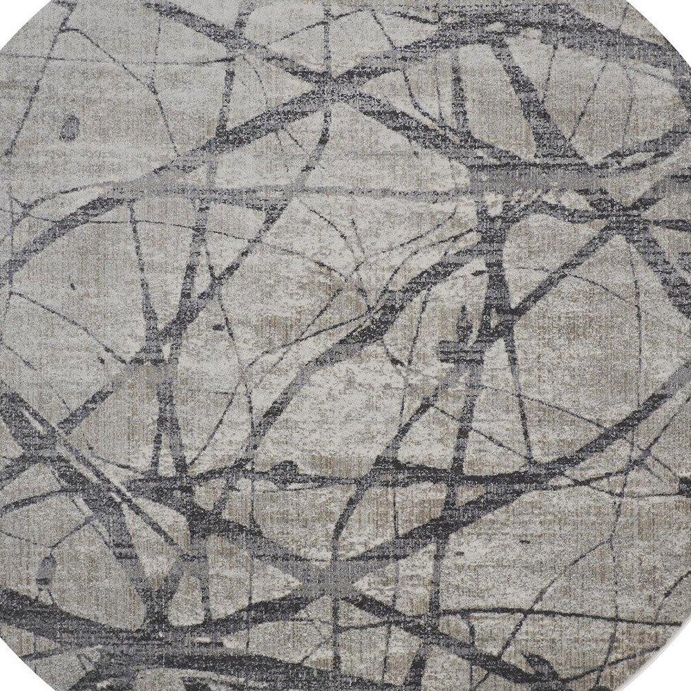"9" Taupe Gray And Ivory Round Abstract Stain Resistant Area Rug