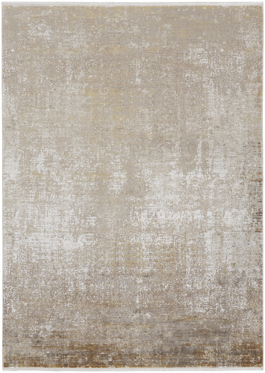 3 X 5 Taupe Ivory And gold Abstract Power Loom Distressed Area Rug With Fringe