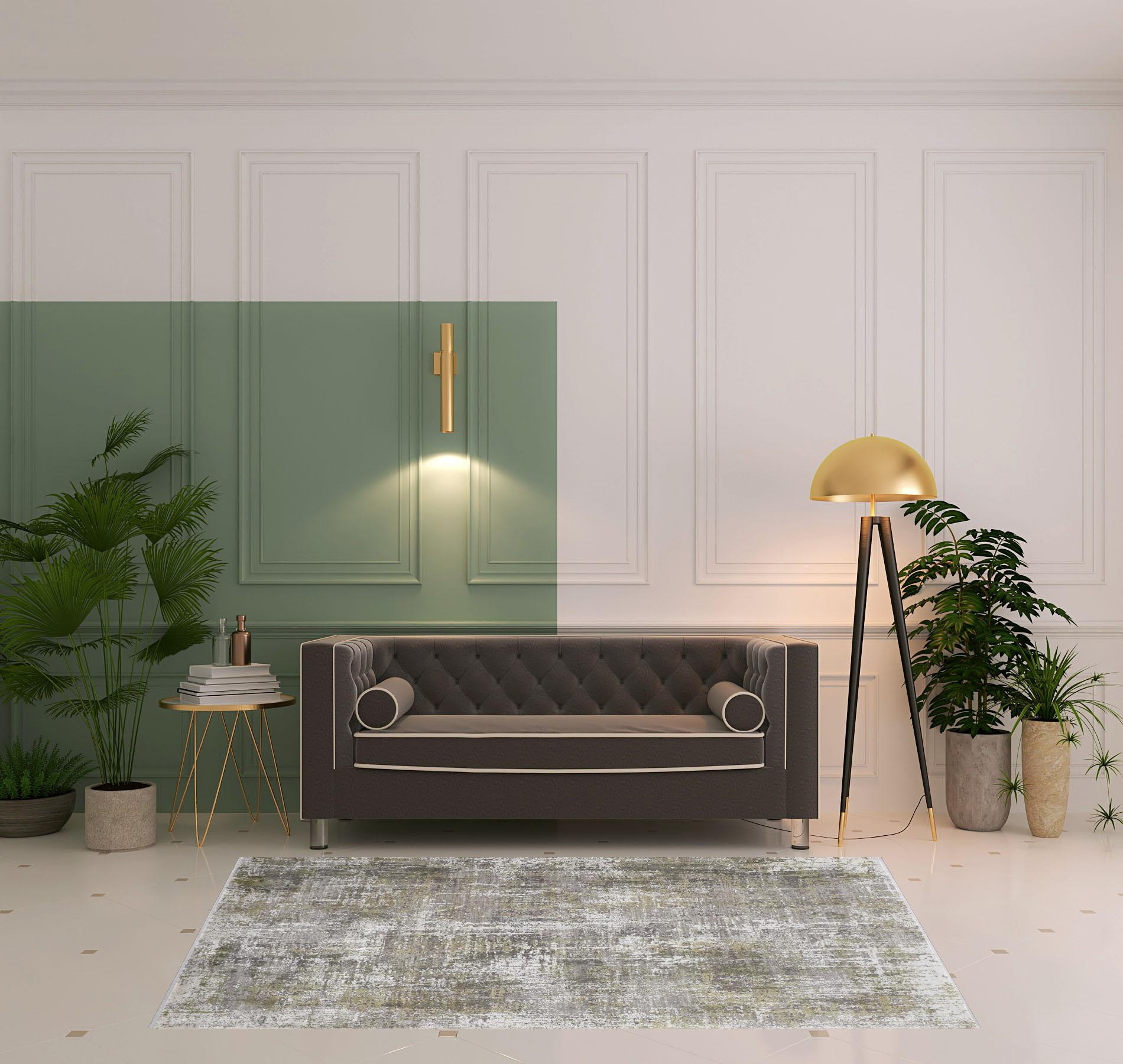 5" X 8" Green Gray And Ivory Abstract Area Rug With Fringe