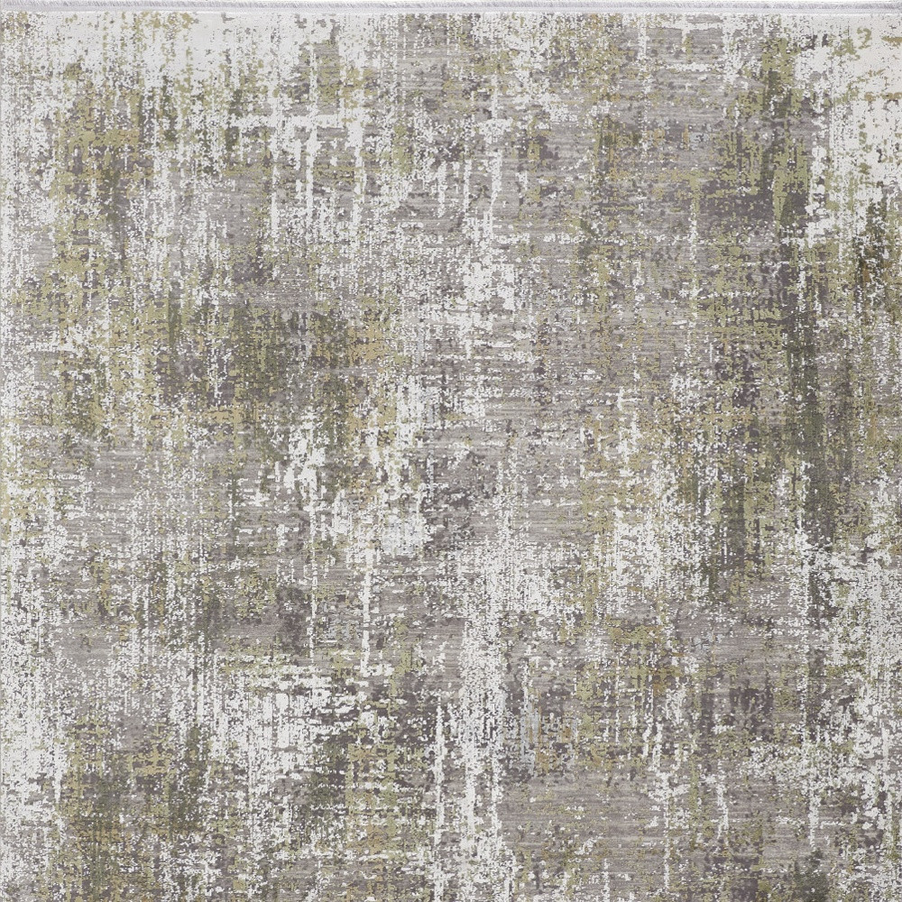 10" X 13" Green Gray And Ivory Abstract Area Rug With Fringe