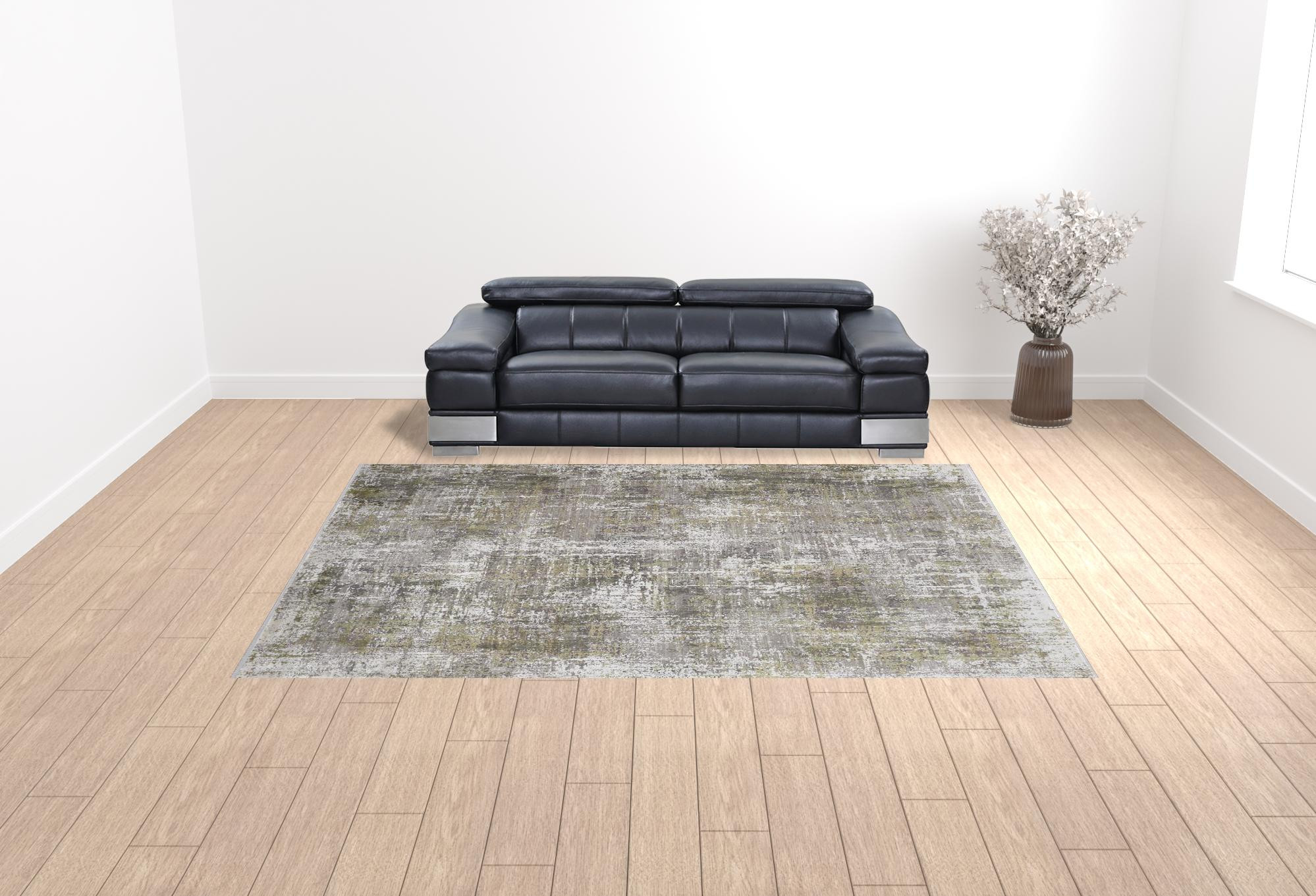 10" X 13" Green Gray And Ivory Abstract Area Rug With Fringe