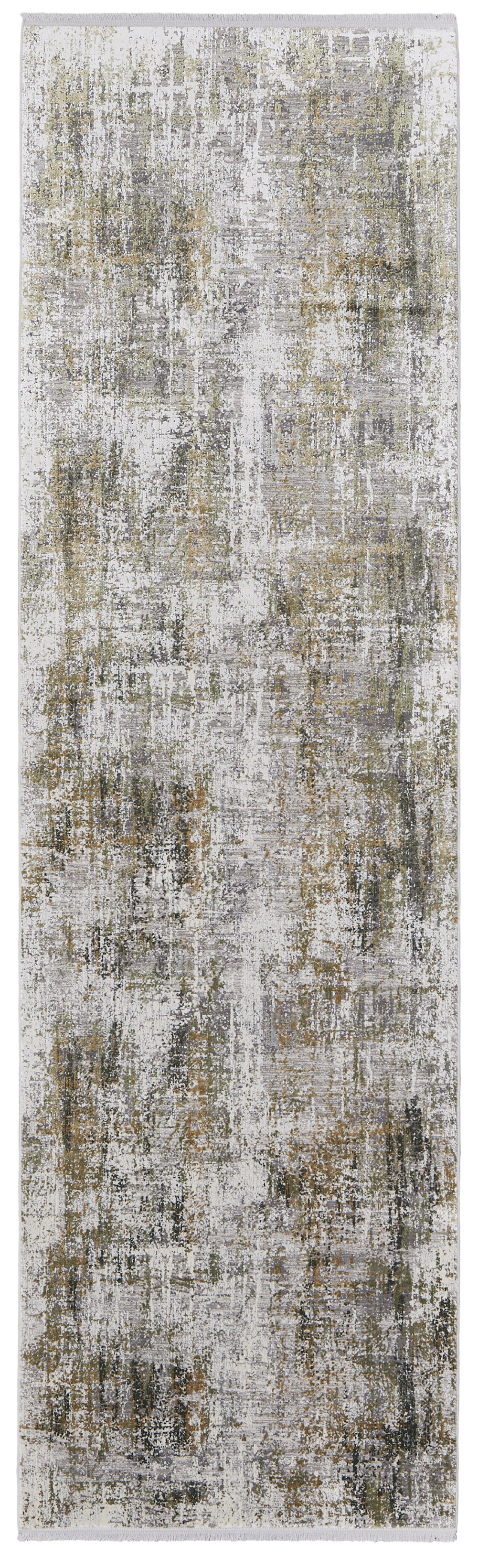 10" Gray and Ivory Abstract Power Loom Runner Rug With Fringe