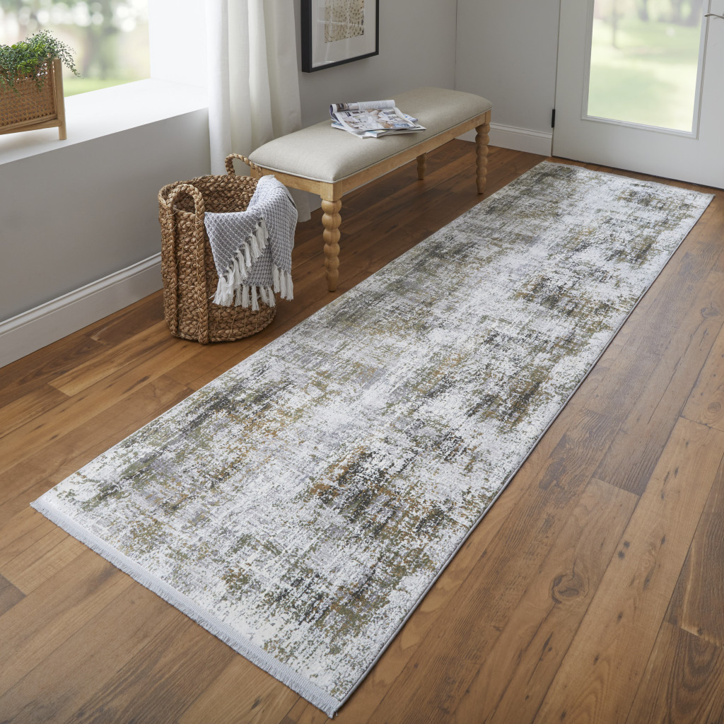 10" Gray and Ivory Abstract Power Loom Runner Rug With Fringe