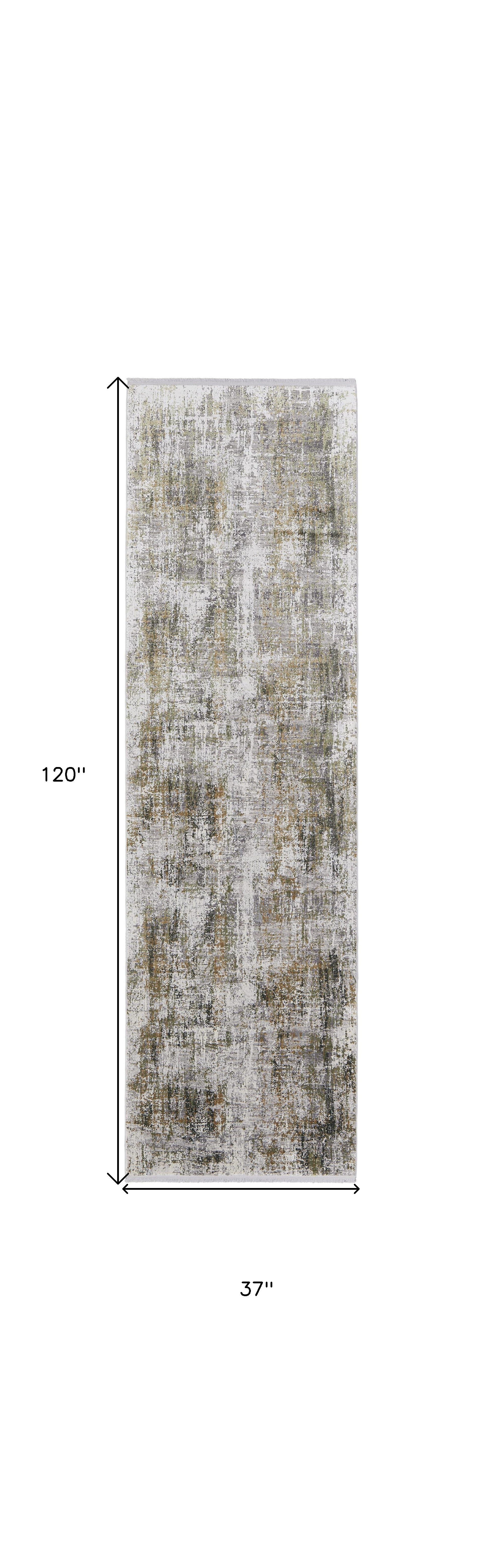 10" Gray and Ivory Abstract Power Loom Runner Rug With Fringe