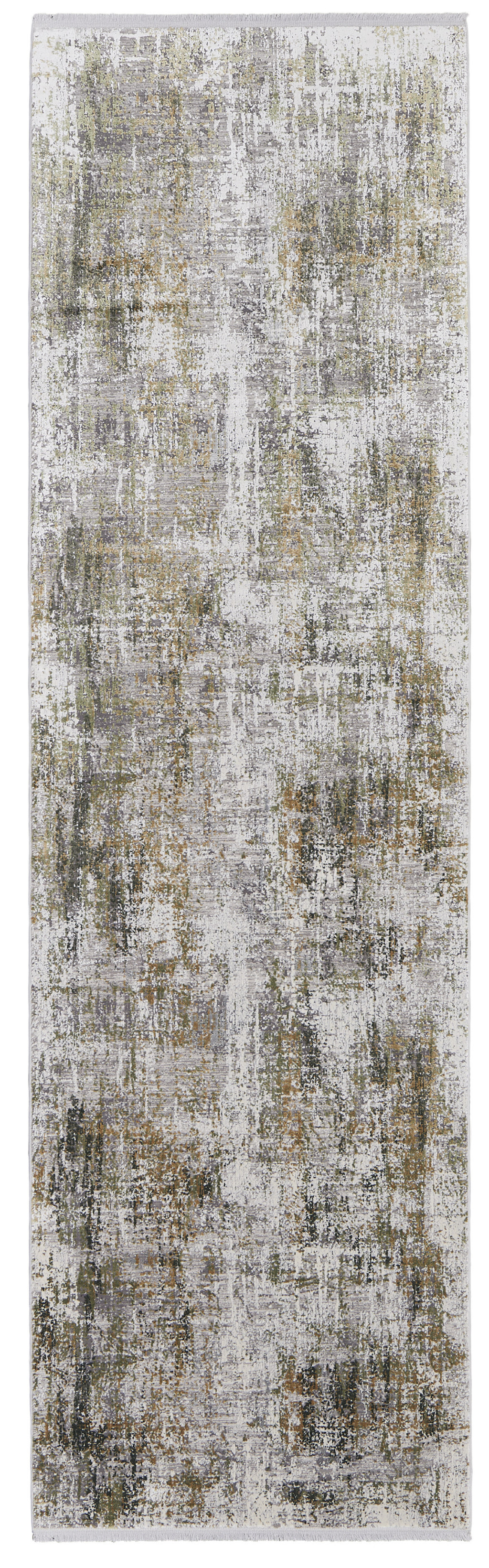 10" Gray and Ivory Abstract Power Loom Runner Rug With Fringe