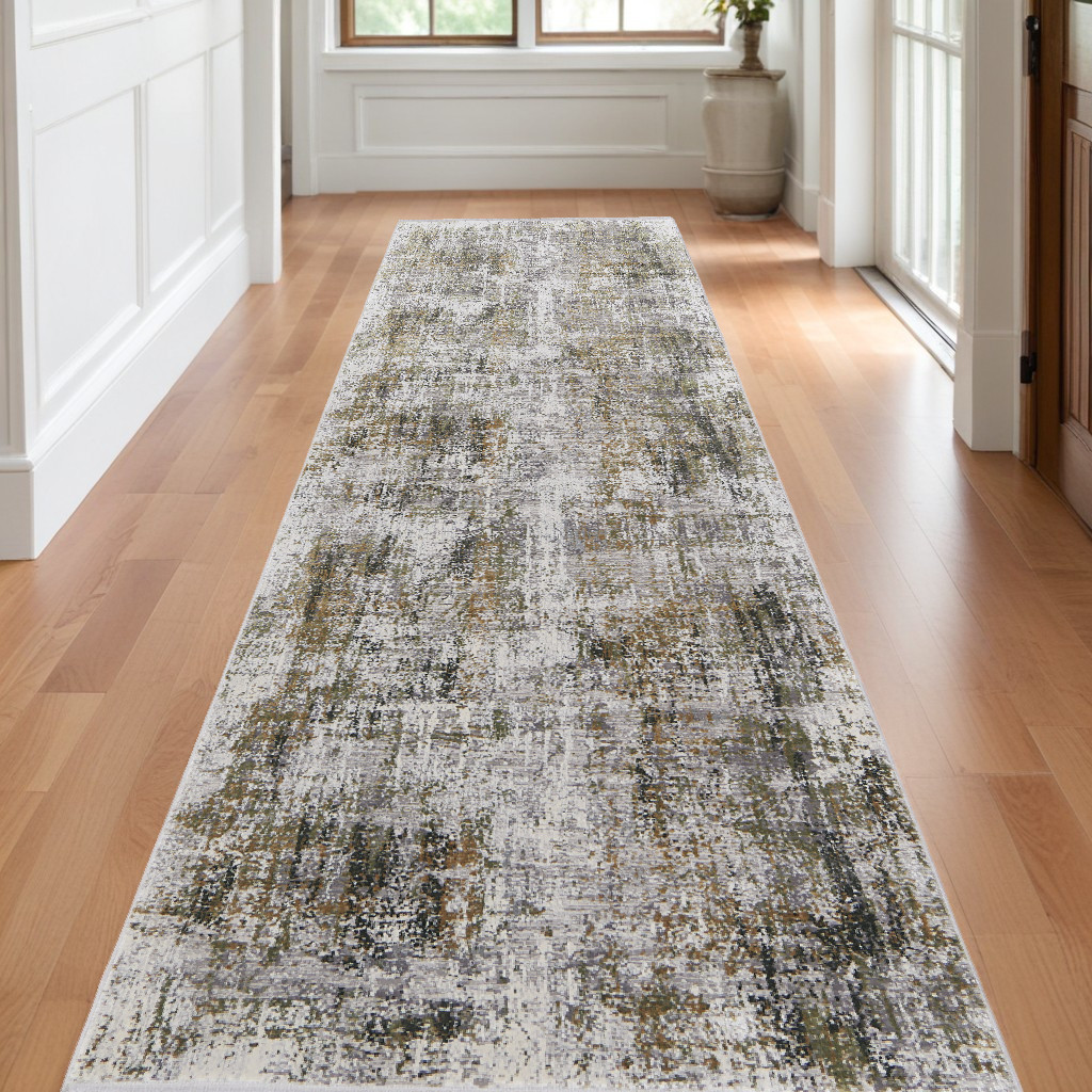 10" Gray and Ivory Abstract Power Loom Runner Rug With Fringe