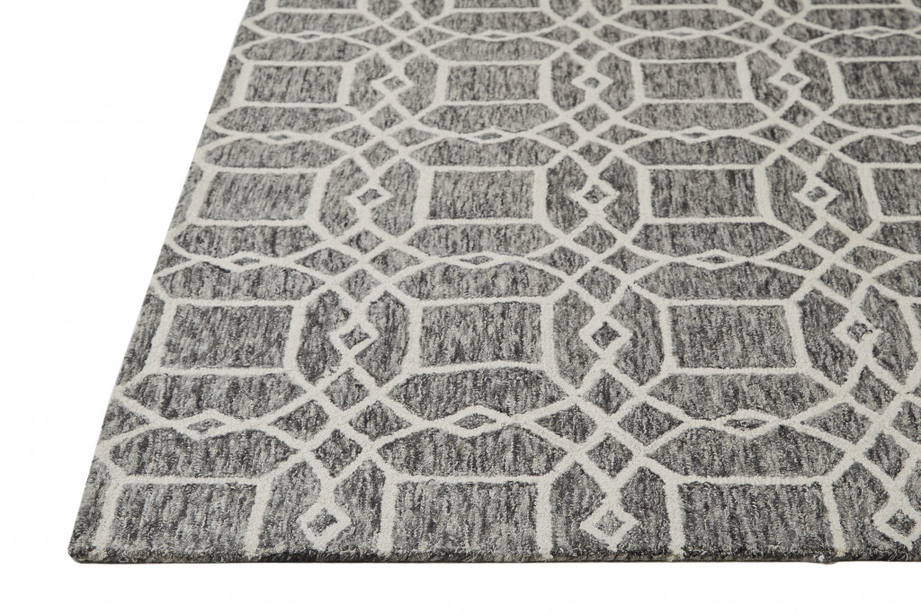 9' X 12' Black Gray And Ivory Wool Geometric Tufted Handmade Area Rug-512174-1