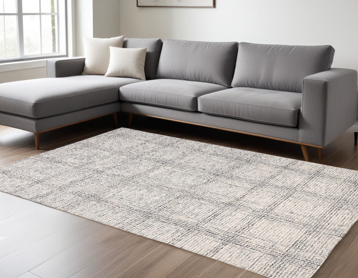 8" X 10" Ivory And Gray Wool Plaid Tufted Handmade Stain Resistant Area Rug