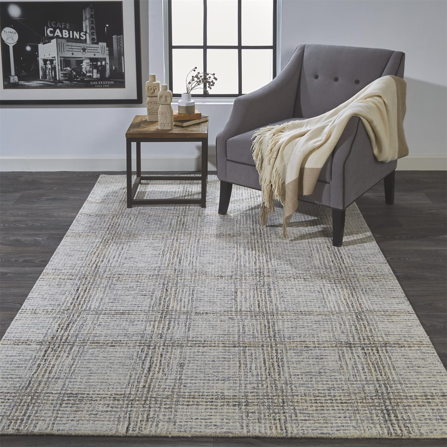 8" X 10" Ivory And Gray Wool Plaid Tufted Handmade Stain Resistant Area Rug