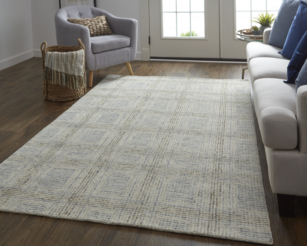 8" X 10" Ivory And Gray Wool Plaid Tufted Handmade Stain Resistant Area Rug