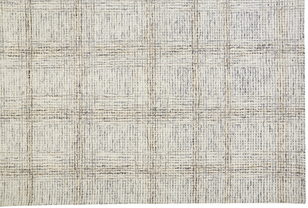 8" X 10" Ivory And Gray Wool Plaid Tufted Handmade Stain Resistant Area Rug