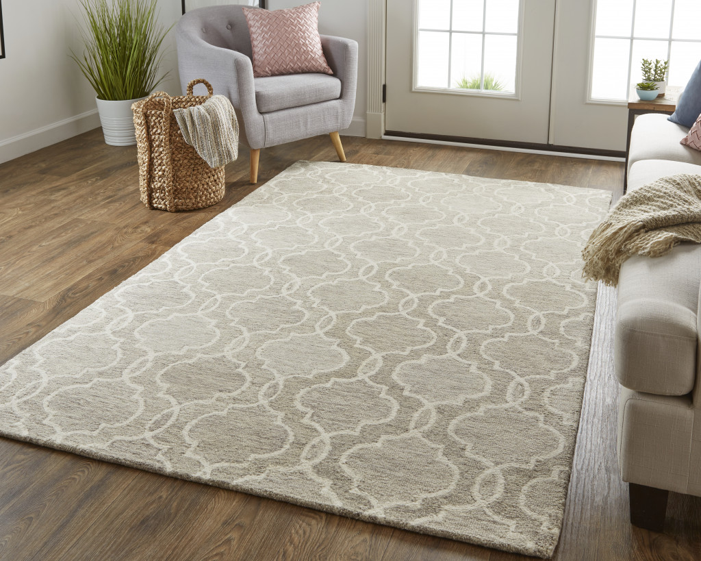 5 X 8 gray And Ivory Wool geometric Tufted Handmade Stain Resistant Area Rug