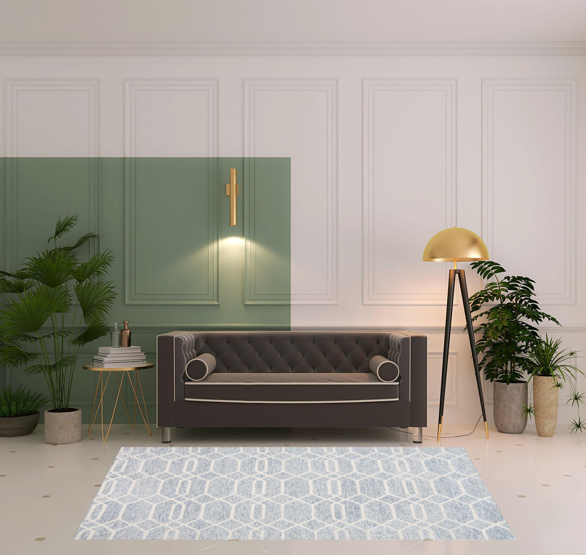 5 X 8 Blue And Ivory Wool geometric Tufted Handmade Stain Resistant Area Rug