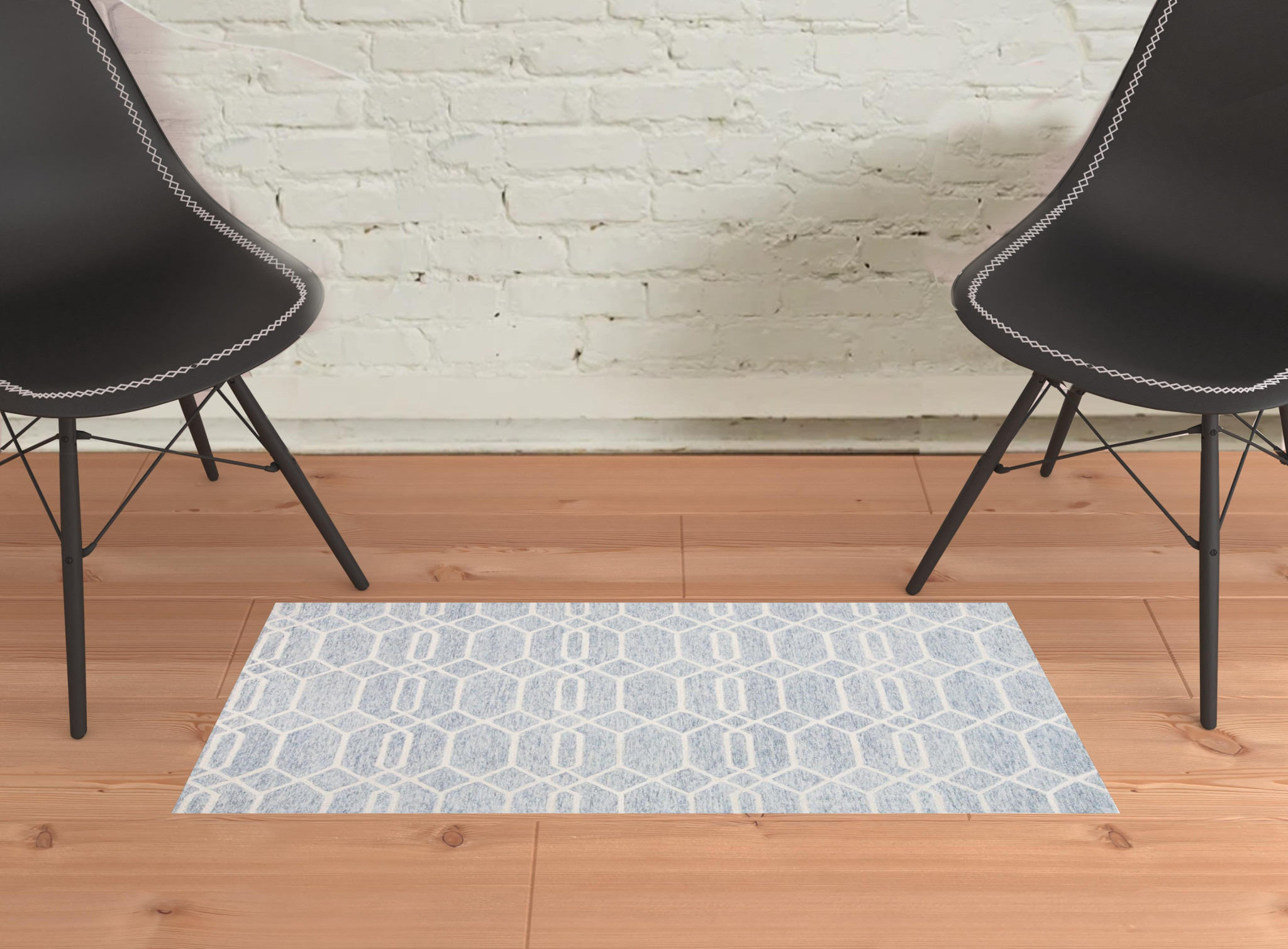 2 X 3 Blue And Ivory Wool geometric Tufted Handmade Stain Resistant Area Rug