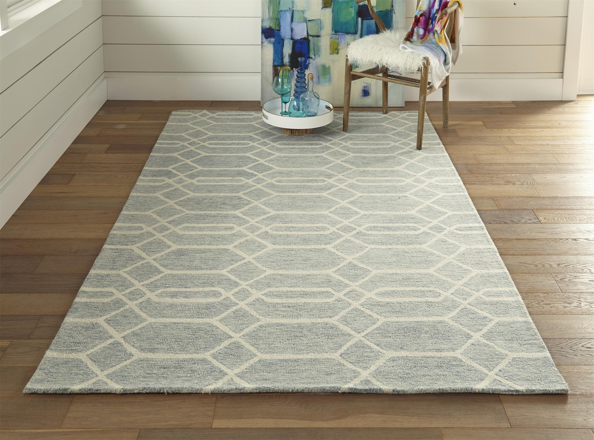 2" X 3" Blue And Ivory Wool Geometric Tufted Handmade Stain Resistant Area Rug