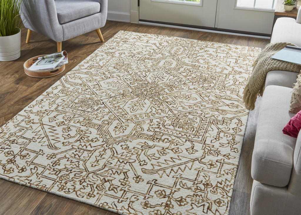 2 X 3 Ivory And Brown Wool Floral Tufted Handmade Stain Resistant Area Rug