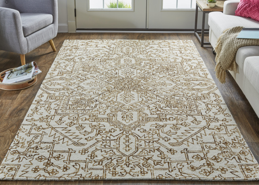 2 X 3 Ivory And Brown Wool Floral Tufted Handmade Stain Resistant Area Rug