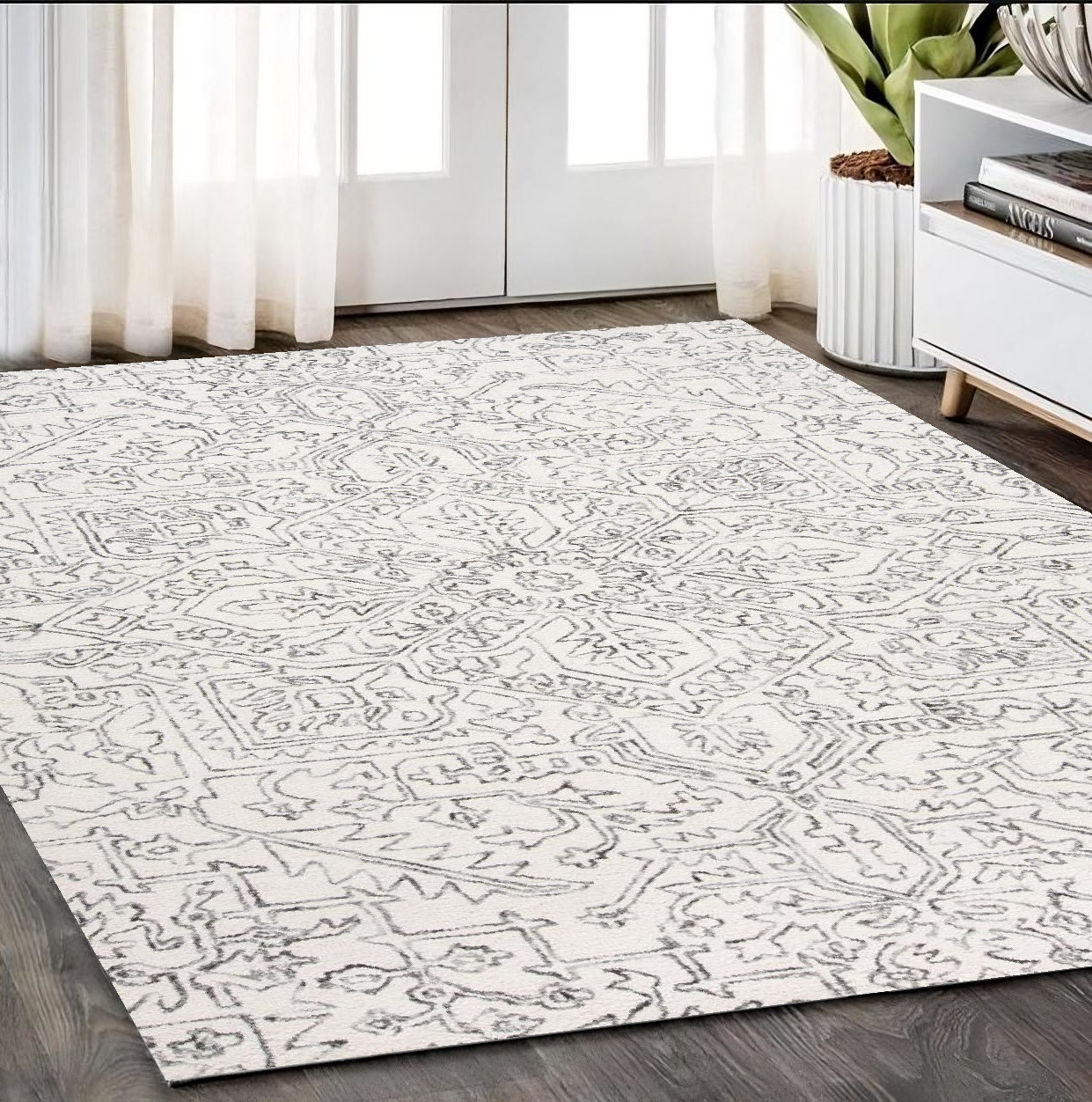 5" X 8" Ivory And Gray Wool Floral Tufted Handmade Stain Resistant Area Rug