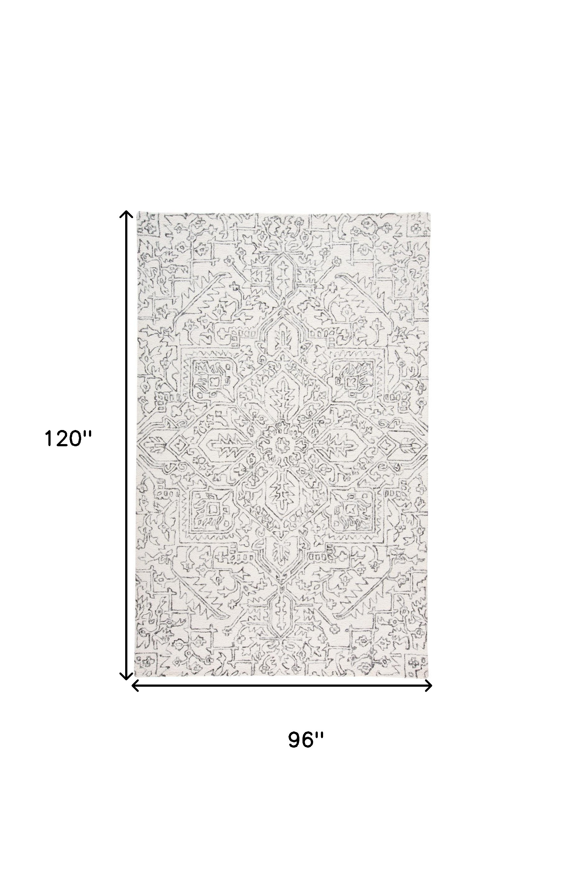 8" X 10" Ivory And Gray Wool Floral Tufted Handmade Stain Resistant Area Rug