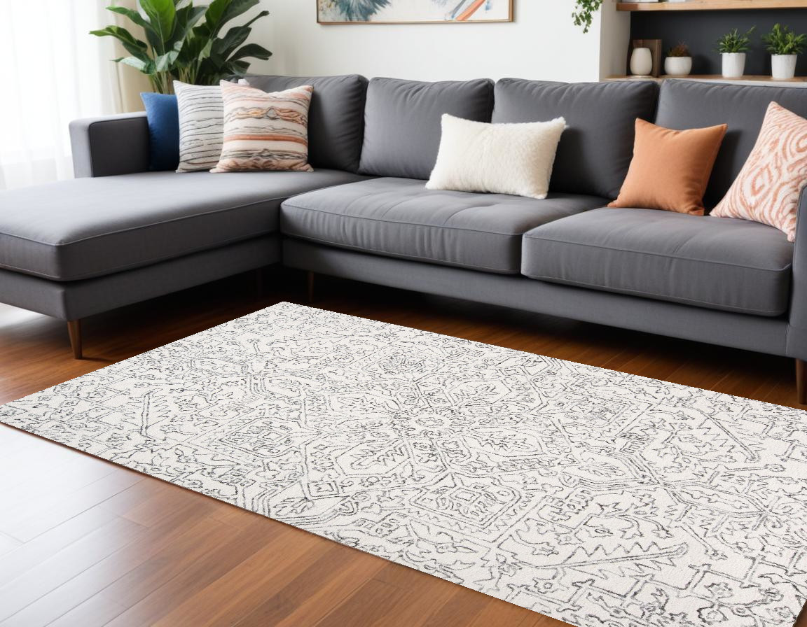 8" X 10" Ivory And Gray Wool Floral Tufted Handmade Stain Resistant Area Rug