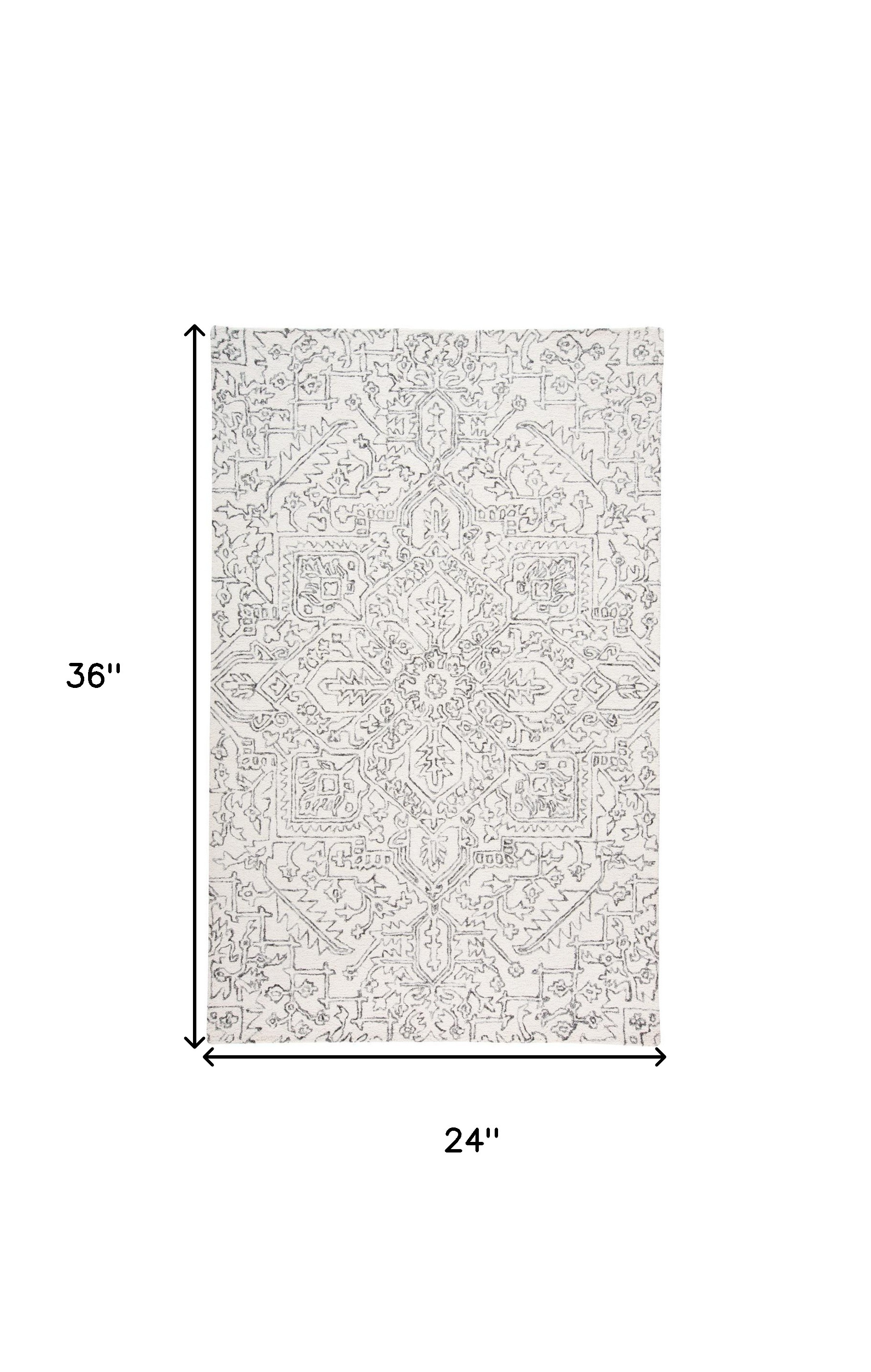 2" X 3" Ivory And Gray Wool Floral Tufted Handmade Stain Resistant Area Rug
