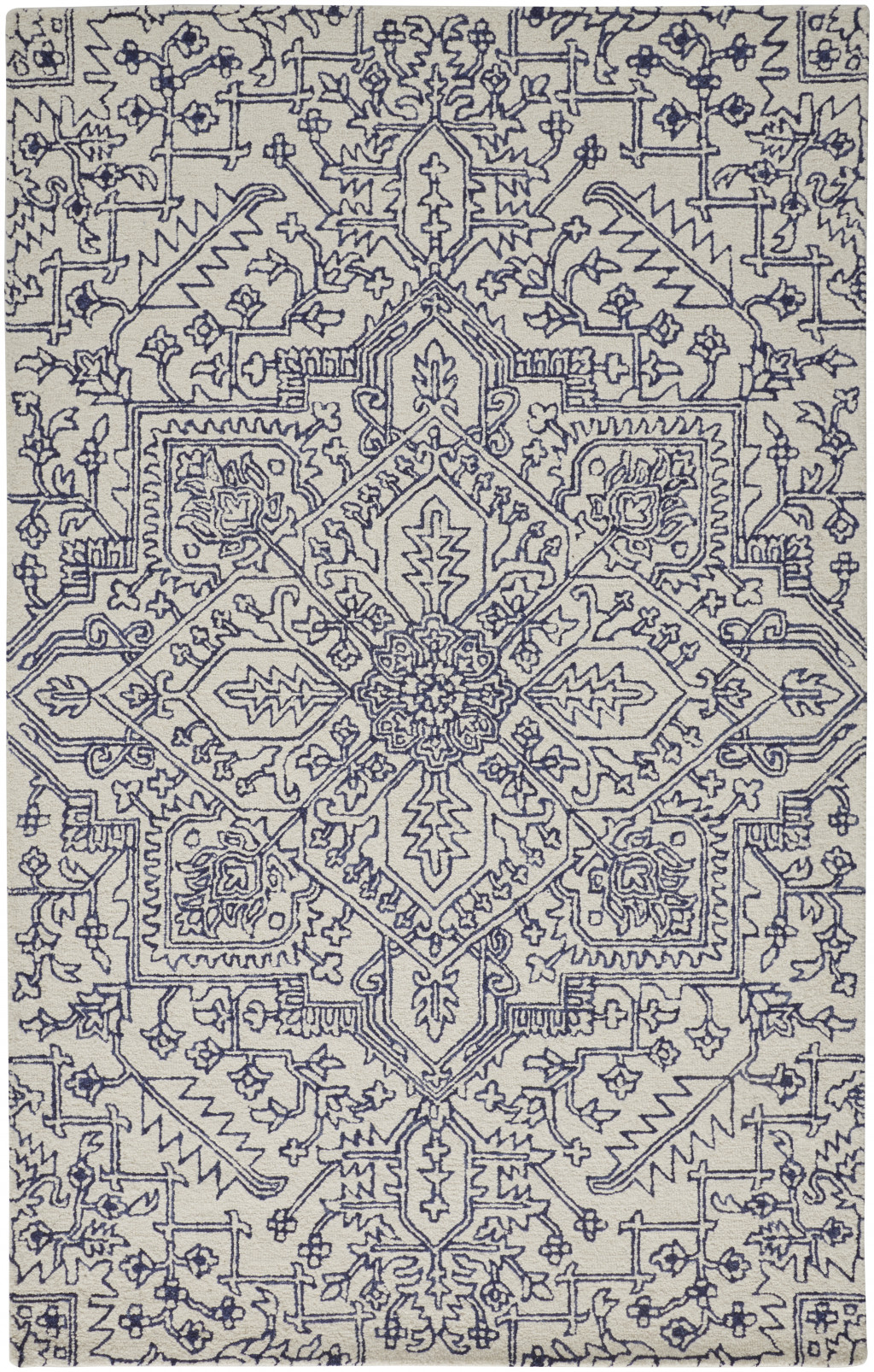 5" X 8" Ivory And Navy Wool Floral Tufted Handmade Stain Resistant Area Rug