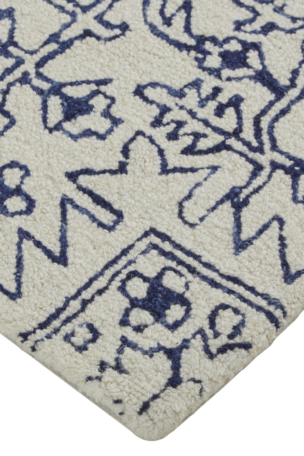 5" X 8" Ivory And Navy Wool Floral Tufted Handmade Stain Resistant Area Rug