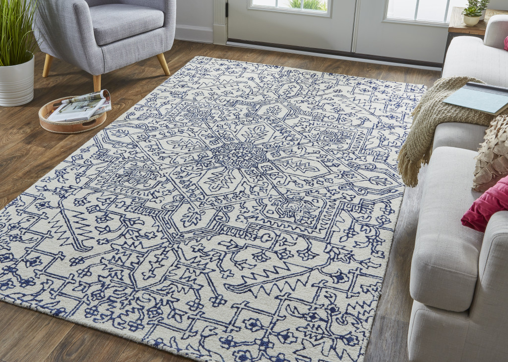 2" X 3" Ivory And Navy Wool Floral Tufted Handmade Stain Resistant Area Rug