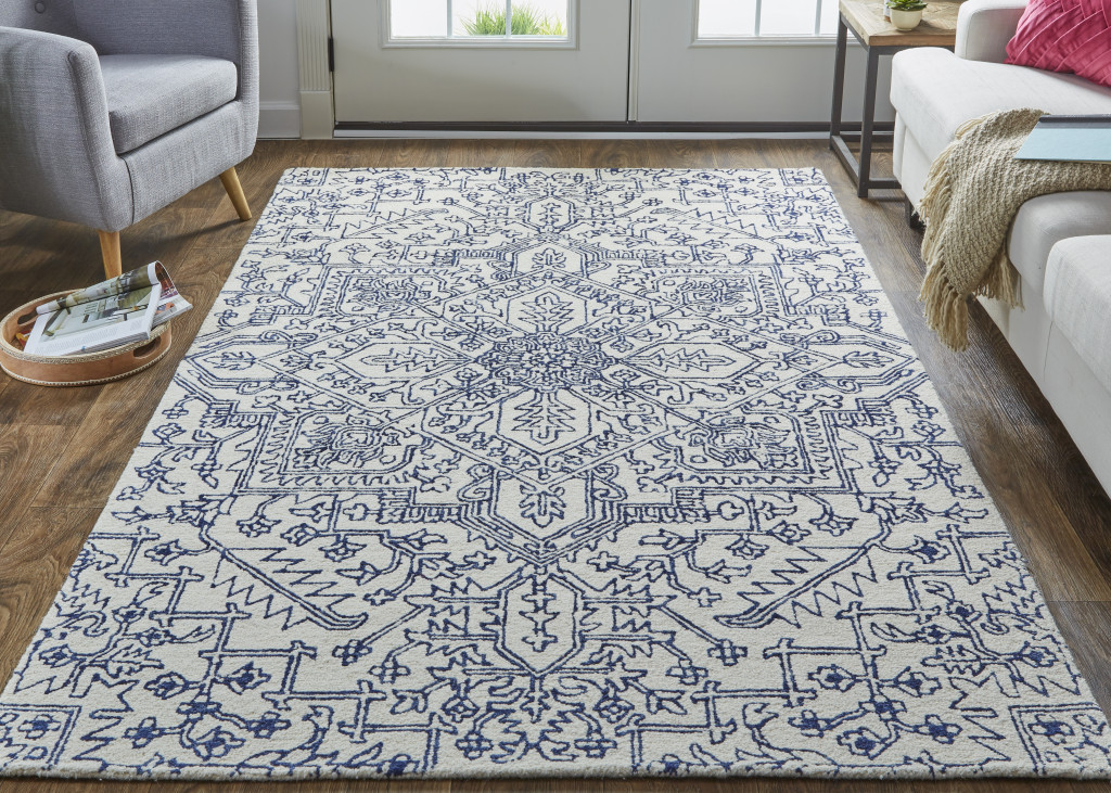 2" X 3" Ivory And Navy Wool Floral Tufted Handmade Stain Resistant Area Rug