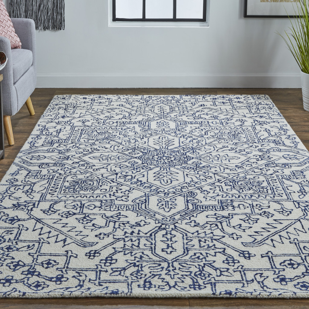 2" X 3" Ivory And Navy Wool Floral Tufted Handmade Stain Resistant Area Rug