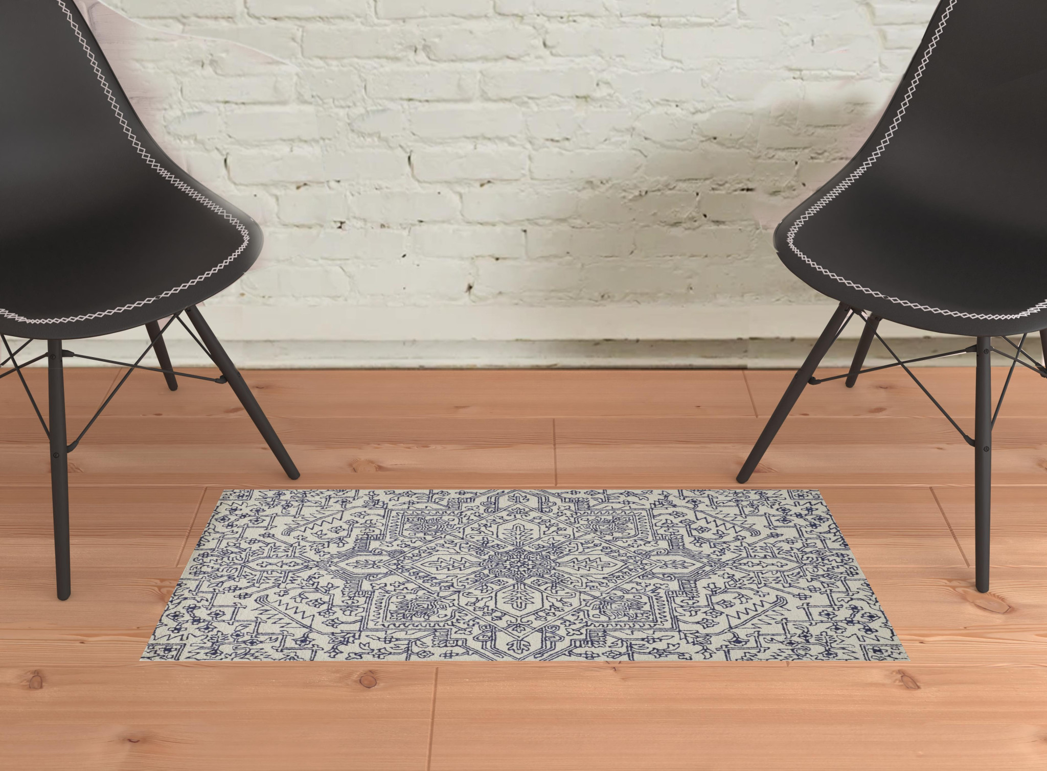 2" X 3" Ivory And Navy Wool Floral Tufted Handmade Stain Resistant Area Rug