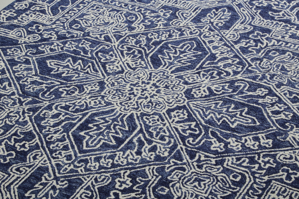 5" X 8" Blue And Ivory Wool Floral Tufted Handmade Stain Resistant Area Rug