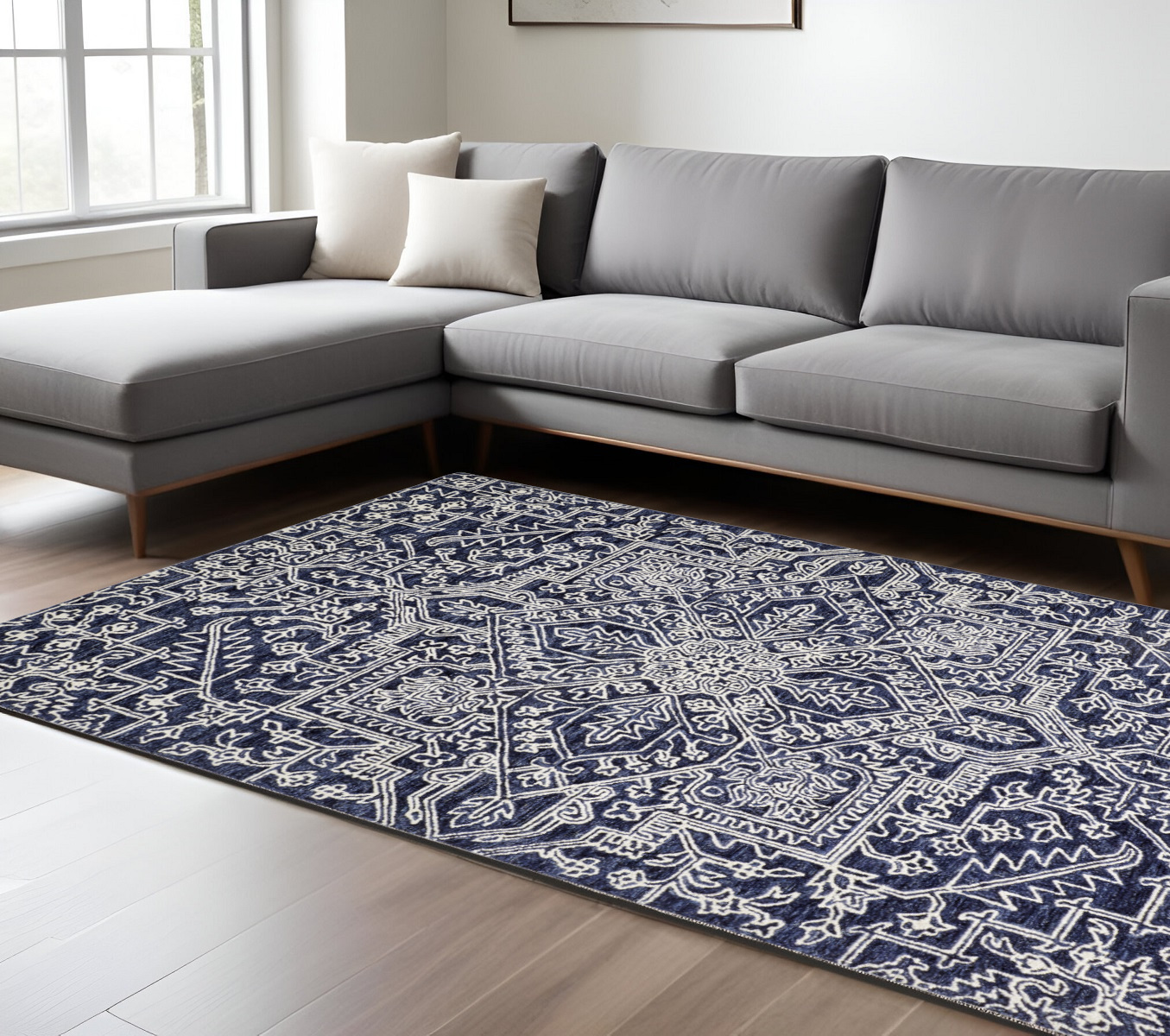 8" X 10" Blue and Ivory Wool Floral Hand Tufted Area Rug