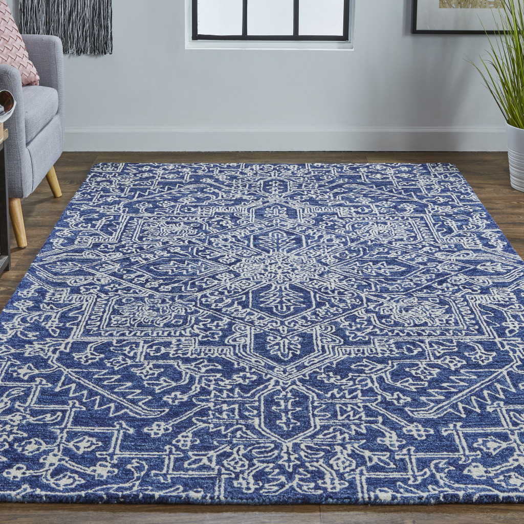 8" X 10" Blue and Ivory Wool Floral Hand Tufted Area Rug