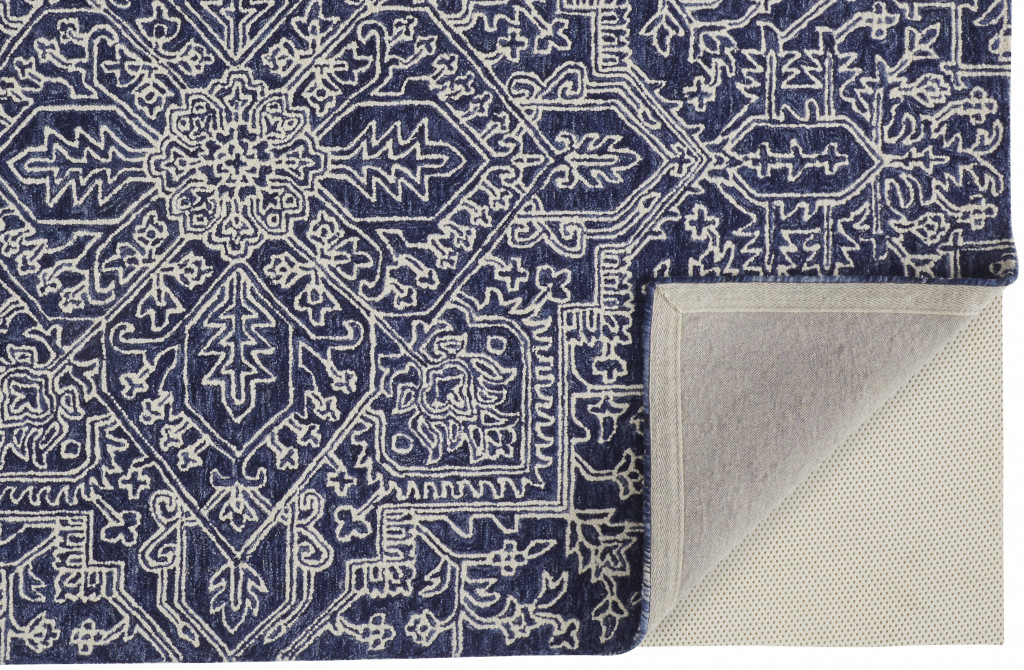 8" X 10" Blue and Ivory Wool Floral Hand Tufted Area Rug