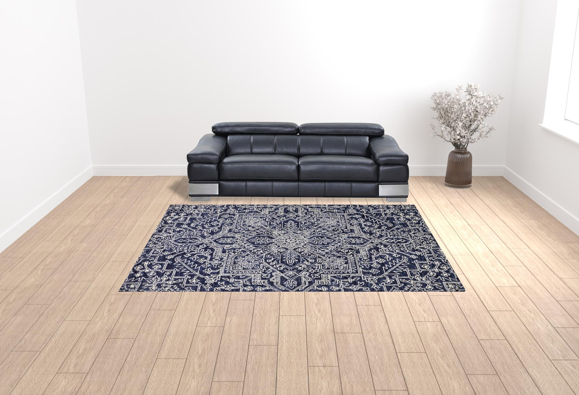 9 X 12 Blue And Ivory Wool Floral Tufted Handmade Stain Resistant Area Rug