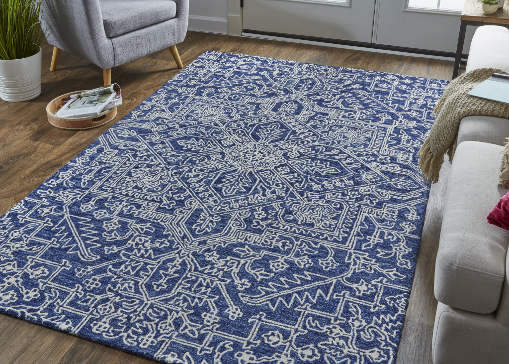 2 X 3 Blue And Ivory Wool Floral Tufted Handmade Stain Resistant Area Rug